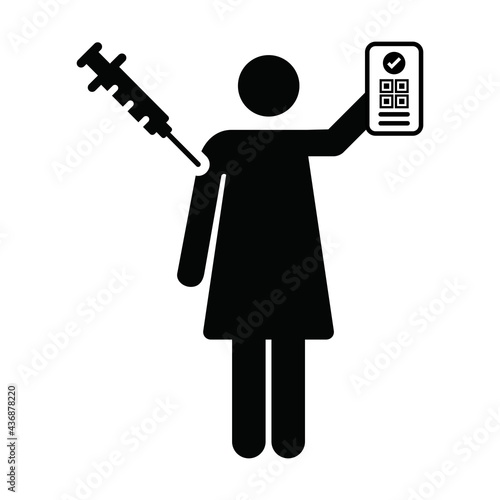 Vaccination passport icon vector with female pictogram symbol for medical and healthcare covid certificate in a glyph illustration