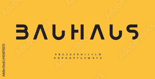 Bauhaus alphabet letter font. Modern logo typography. Minimal cropped vector typographic design. Cutout type for futuristic logo, headline, title, monogram, lettering, branding, apparel, merchandise photo