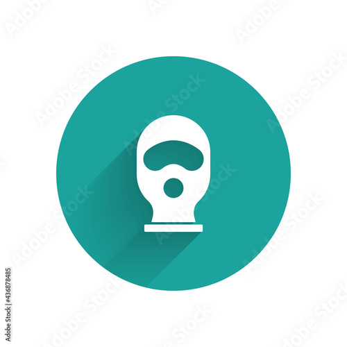 White Balaclava icon isolated with long shadow. A piece of clothing for winter sports or a mask for a criminal or a thief. Green circle button. Vector