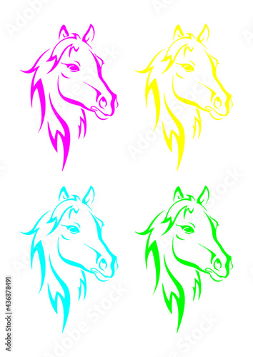 horse bust, powerful independent strong, colored cyan magenta yellow and green