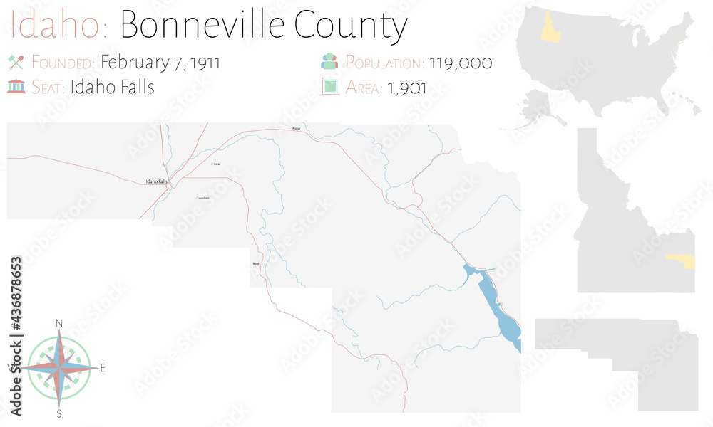 Large and detailed map of Bonneville county in Idaho, USA.