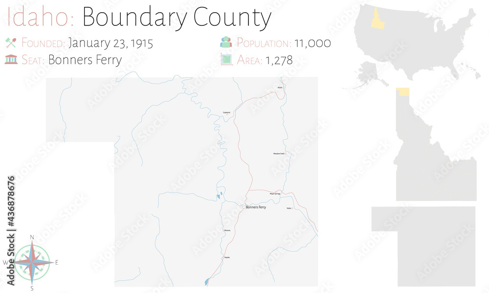Large and detailed map of Boundary county in Idaho, USA.