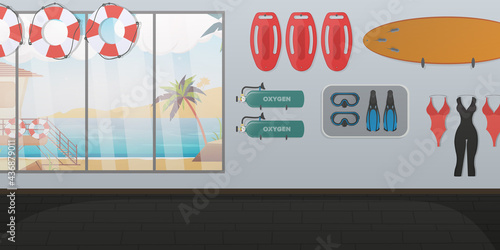 Beach lifeguard room. Swimming board, lifebuoy, fins and mask, oxygen tank. Cartoon style. Vector