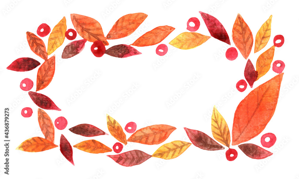 Colorful autumn leaves with red berry rectangle frame watercolor hand painting for decoration on Autumn season and Thanksgiving festival Colorful autumn leaves with red berry rectangle frame watercolor hand painting for decoration on Autumn season and Thanksgiving festival