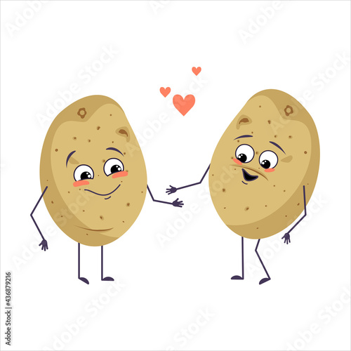 Cute potato characters with love emotions, smiling face, arms and legs. The funny or happy food heroes with hearts, vegetable fall in love