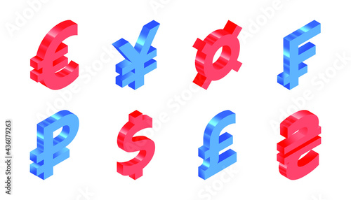 Set of Isometric Currency Icons. Modern Flat Vector Illustration. Dollar, Euro, Pound, Hryvnia, Ruble, Frank, Yen Currency Sign. Social Media Template.