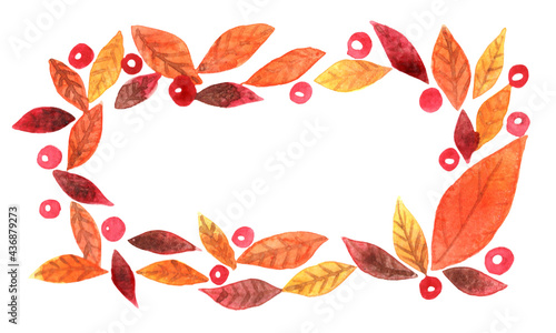 Colorful autumn leaves with red berry rectangle frame watercolor hand painting for decoration on Autumn season and Thanksgiving festival