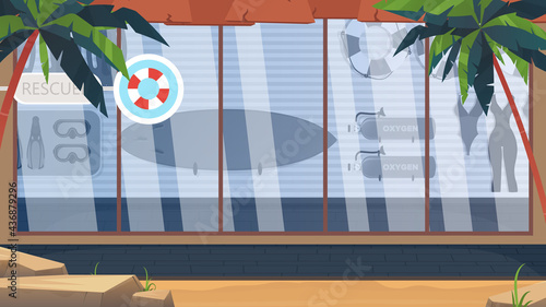 Beach lifeguard room. Swimming board, lifebuoy, fins and mask, oxygen tank. Cartoon style.