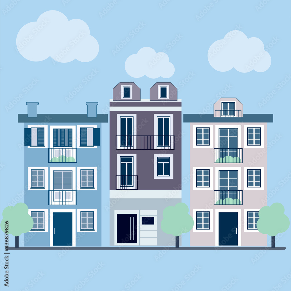 Vector city illustration in flat simple style - houses and buildings on horizontal banner