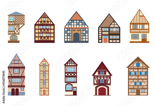 Set of cozy half-timbered houses isolated on a white background Collection of old German and French houses Illustration in a flat cartoon style
