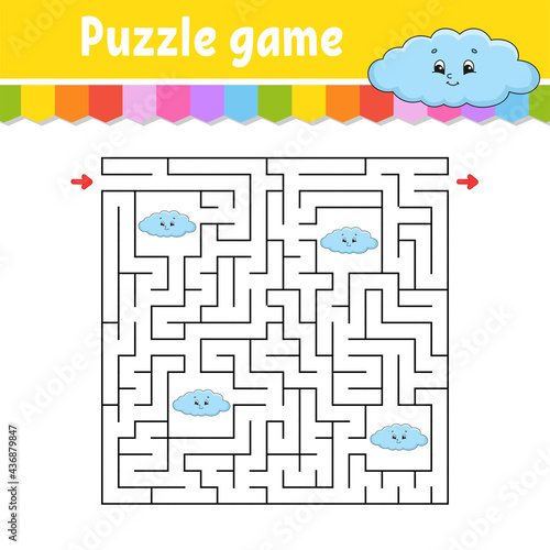 Square maze. Game for kids. Funny cloud. Puzzle for children. Labyrinth conundrum. Color vector illustration. Find the right path. Isolated vector illustration. Cartoon character.