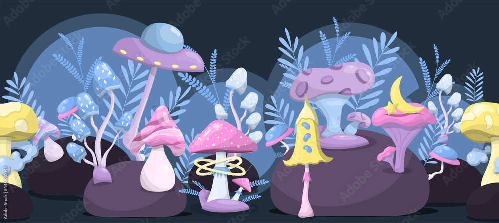 Fototapeta premium Vector magic mushrooms. Space cartoon mushrooms. Vivid illustrations of space with flying saucers, planets and stars. Square rectangular composition. Banner, advertisement, poster.