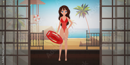 Woman beach lifeguard on the veranda of the villa overlooking the beach. Cartoon style. Vector illustration.
