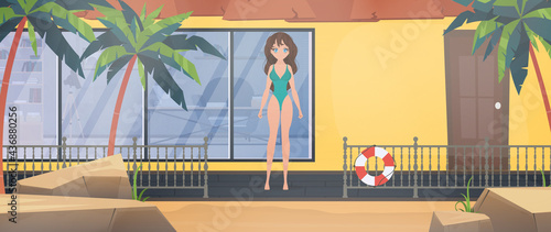 A girl in a swimsuit poses on the veranda of the villa. Anime woman in beach suit on the beach.