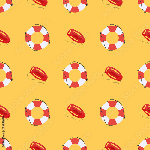 Seamless pattern with lifebuoys and swim boards. Good for postcards, murals, backgrounds, and fabrics. Vector illustration.