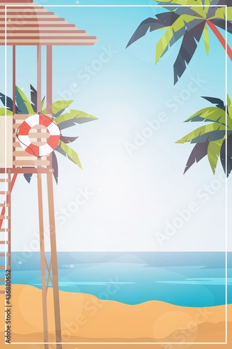 Beach with lifeguard post in cartoon style. Vertical banner Vector.