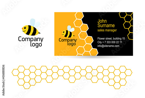 Cheerful bee logo and a modern business card for the honey company.