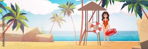 Beach lifeguard woman on the beach with palm trees. Girl in a red swimsuit. Cartoon style.