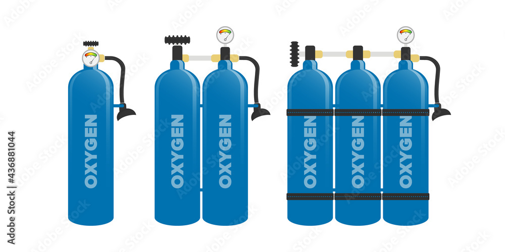 Swimming Air Cylinder Set. Blue compressed natural oxygen cylinder isolated on white. Swimming Air Cylinder Set. Blue compressed natural oxygen cylinder isolated on white.