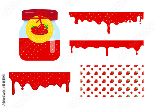 Glass jar with label and red jam. Flowing liquid strawberry jam. Vector seamless pattern