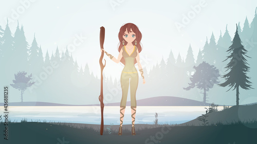 Amazon woman in the rainforest jungle. Forest with a river. Girl in a green latex suit. Cartoon style. Vector.