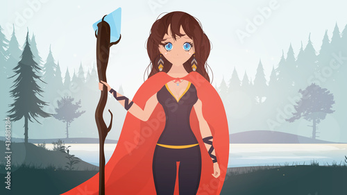 Superhero woman in the rainforest jungle. Forest with a river. Girl in a green latex suit. Cartoon style. Vector. photo
