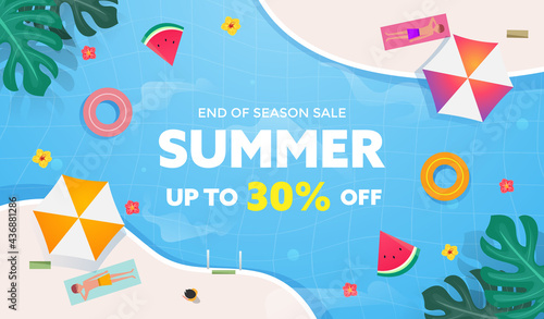 Summer sale banner with tropical, watermelon, umbrella, and sunbathing man cartoon on swimming pool water background top view