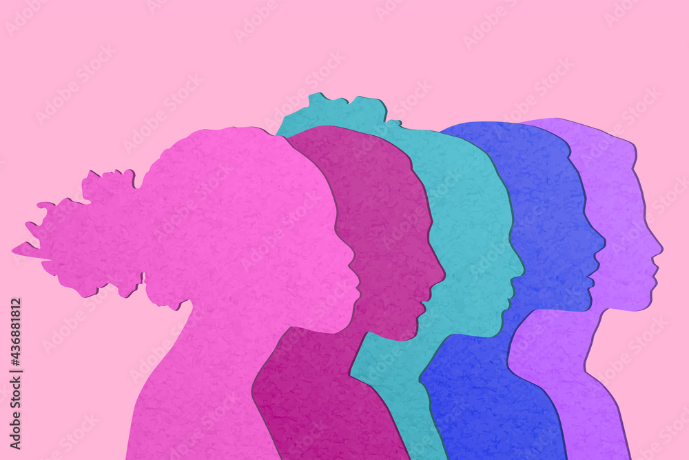 Multiethnic women communicate, vector illustration. Female faces of diverse cultures in propfile. 3D papercut diverse culture girl's silhouettes.