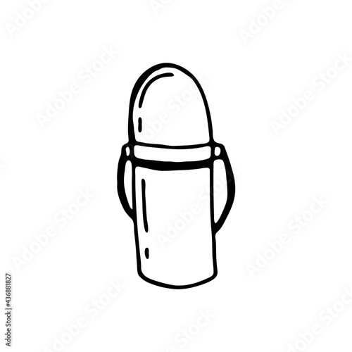 Doodle thermos bottle. Isolated on white background drawing for prints, poster, cute stationery, travel design. Hand-drawn vector. Camping