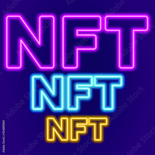 NFT word in neon in three sizes and colors. Vector illustration