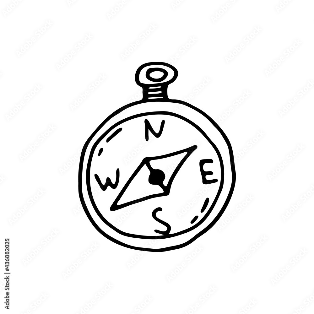 Doodle compass. Isolated on white background drawing for prints, poster, cute stationery, travel design. Hand-drawn vector. Camping Doodle compass. Isolated on white background drawing for prints, poster, cute stationery, travel design. Hand-drawn vector. Camping
