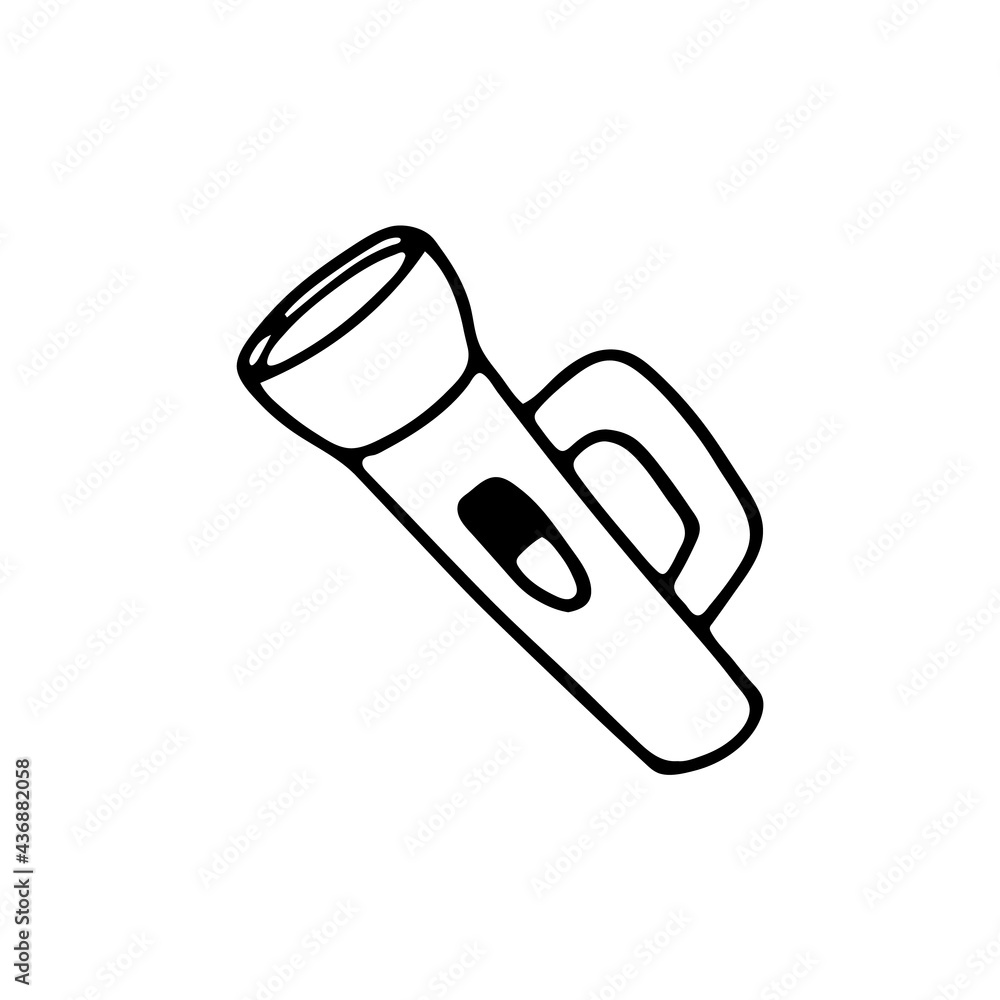Doodle flashlight. Isolated on white background drawing for prints, poster, cute stationery, travel design. Hand-drawn vector. Camping Doodle flashlight. Isolated on white background drawing for prints, poster, cute stationery, travel design. Hand-drawn vector. Camping