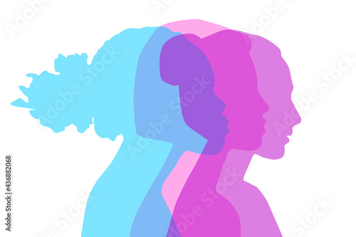 Multiethnic women communicate, vector illustration. Female faces of diverse cultures in propfile