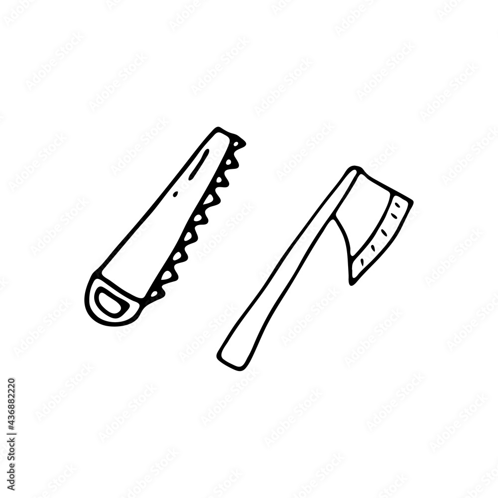 Doodle saw and axe. Isolated on white background drawing for prints, poster, cute stationery, travel design. Hand-drawn vector. Camping Doodle saw and axe. Isolated on white background drawing for prints, poster, cute stationery, travel design. Hand-drawn vector. Camping