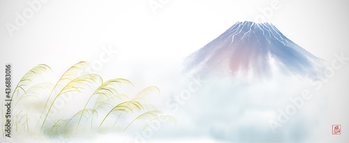 Green grass on the wind and blue Fujiyama mountain on white background. Traditional oriental ink painting sumi-e, u-sin, go-hua. Translation of hieroglyph - wind