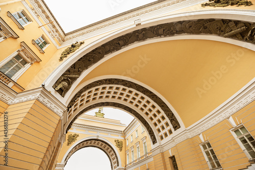 View on General Staff triumphal arch, Saint Petersburg, Russia. Architectural historical landmark.