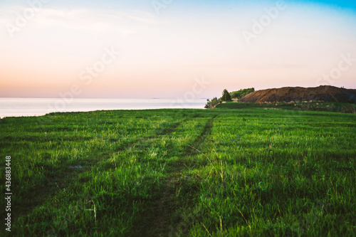 A trail in a grass field during sunset, a beautiful evening landscape