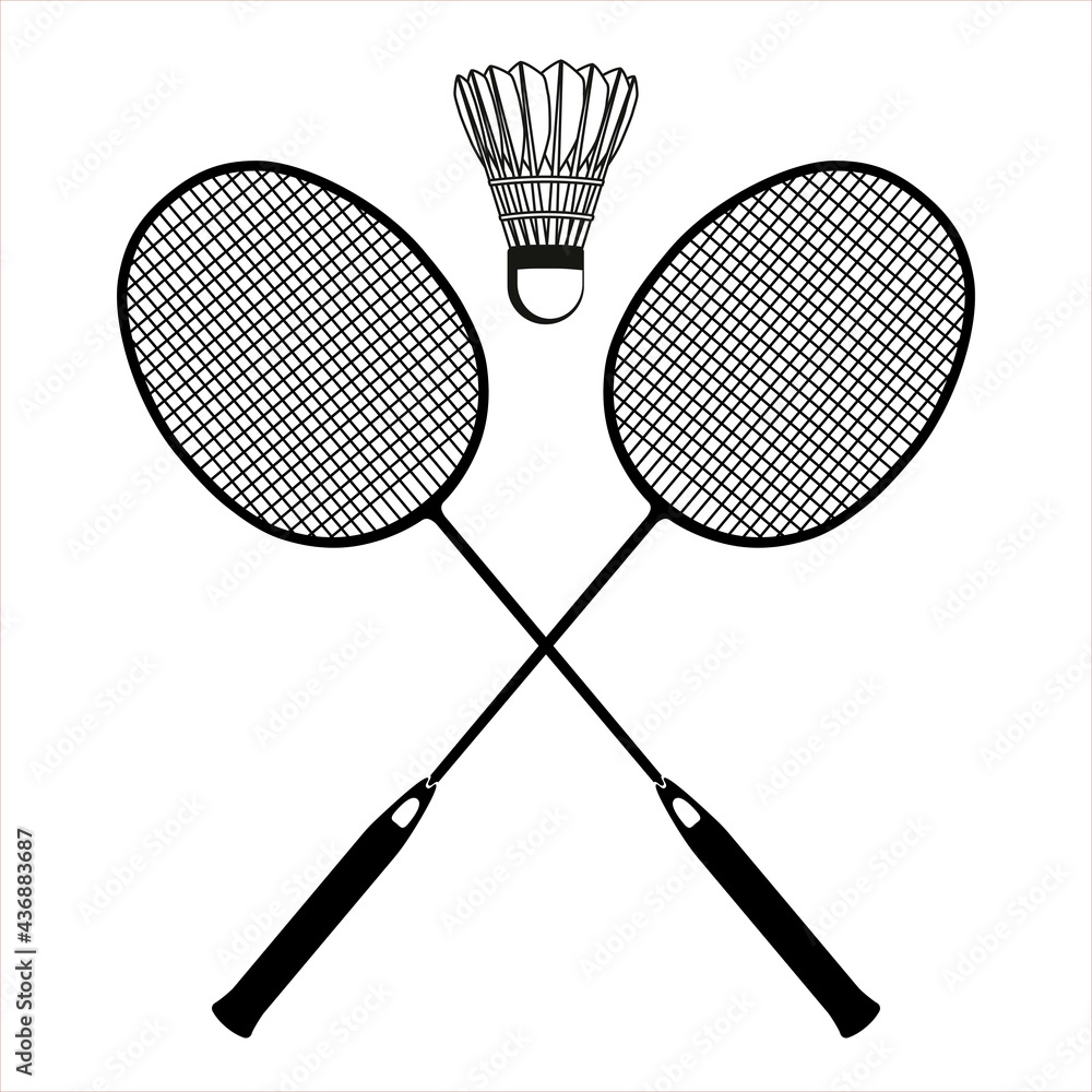 Flat blac badminton racket and shuttlecock black silhouettes, raster illustration isolated on white background. Essential badminton sport game equipment. Flat blac badminton racket and shuttlecock black silhouettes, raster illustration isolated on white background. Essential badminton sport game equipment.