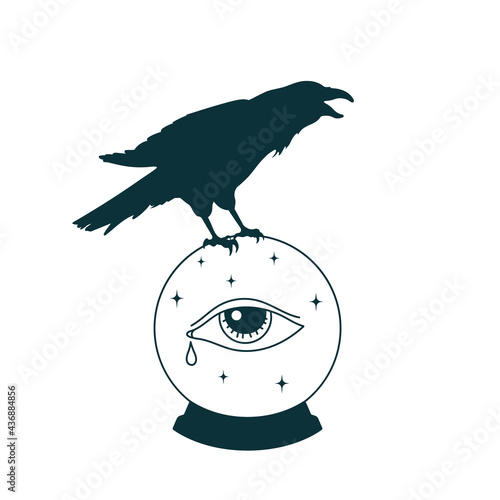 Mystical witch ball with raven. Outline crystal sphere with eye. Tarot drawing. Isolated esoteric drawing. Magical clipart. Witchcraft drawing