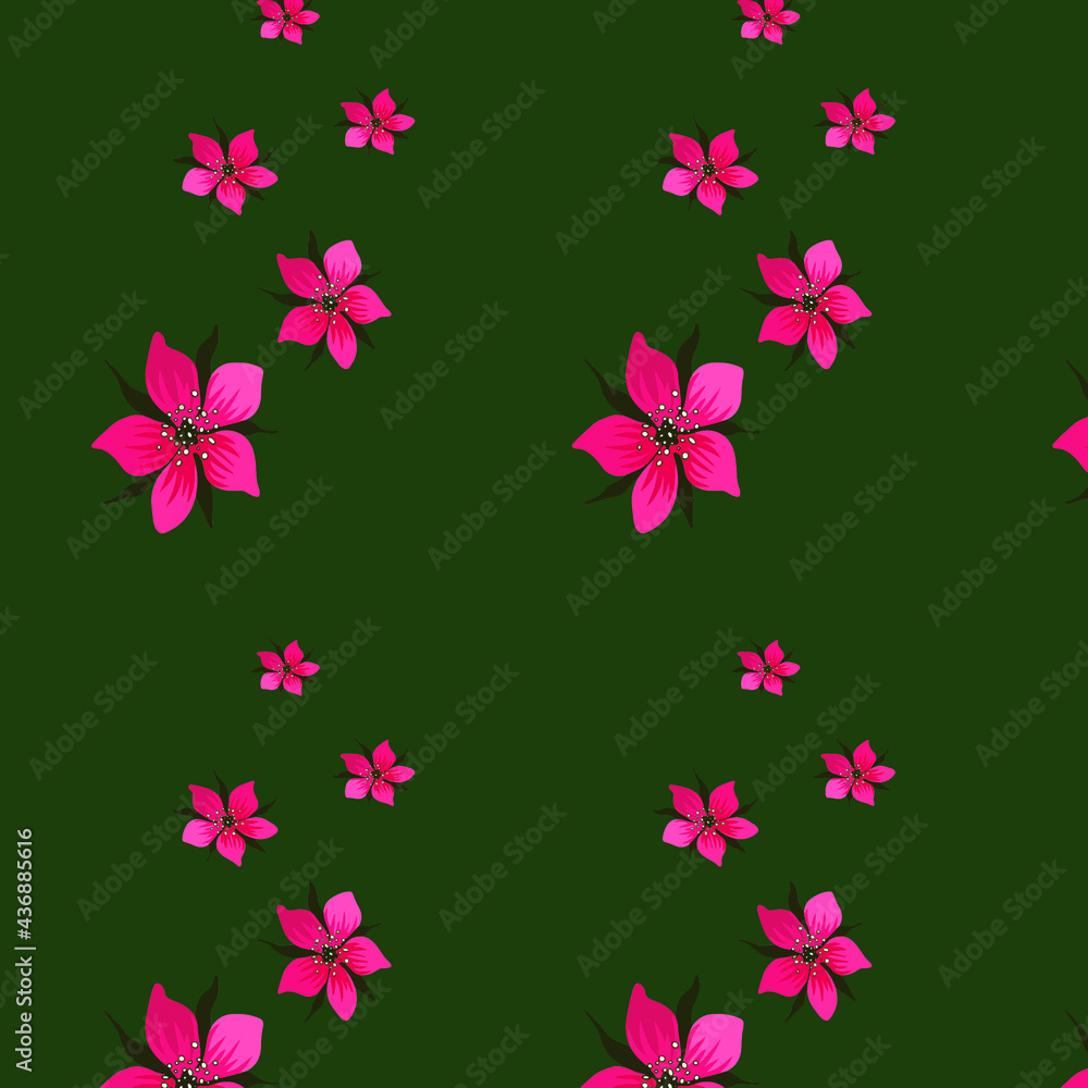 Naklejka premium A seamless pattern. Flowers in the form of a star on a green background. Factory textiles. Textiles for pastel linen and curtains. Textiles for women's clothing . Robes , dresses , Pinewars .