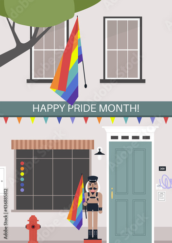 Gay Pride month, a neighbourhood street decorated with rainbow flags, LGBTQ community