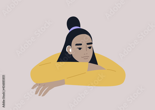 A young female Asian character wearing an amplifying hearing device, modern lifestyle and health care