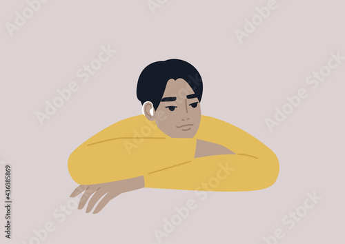 A young male Asian character wearing an amplifying hearing device, modern lifestyle and health care