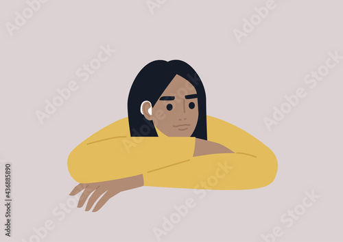 A young female character wearing an amplifying hearing device, modern lifestyle, and health care