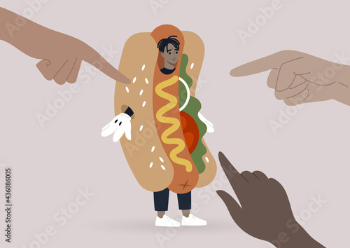A young male Black character being bullied for their underpaid work as a hot dog promoter