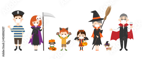 マスクをしてハロウィンの仮装をした家族のイラスト