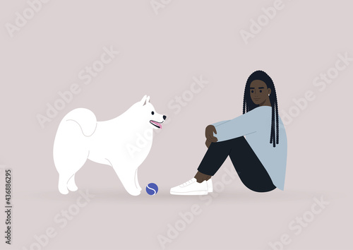 A cute white samoyed dog playing ball with their owner, human and animal friendship