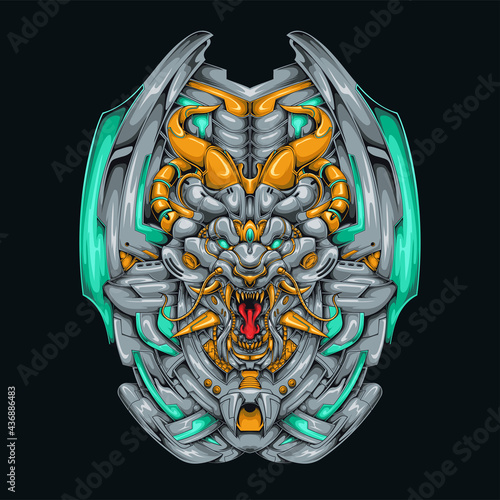 Mecha Lion Dragon Cyberpunk Illustration. Ancient Dragon Lion Head Shield Shirt Design with a Robot Theme
