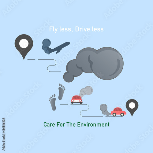 Consideration for fly less, drive less travel is way to reduce carbon footprint. Care for the environment concept. Vector illustration outline flat design style.