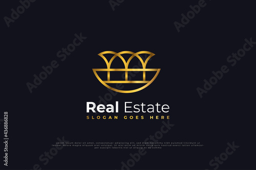 Real Estate Logo Design with Line Style in Gold Gradient. Construction, Architecture or Building Logo Design Template